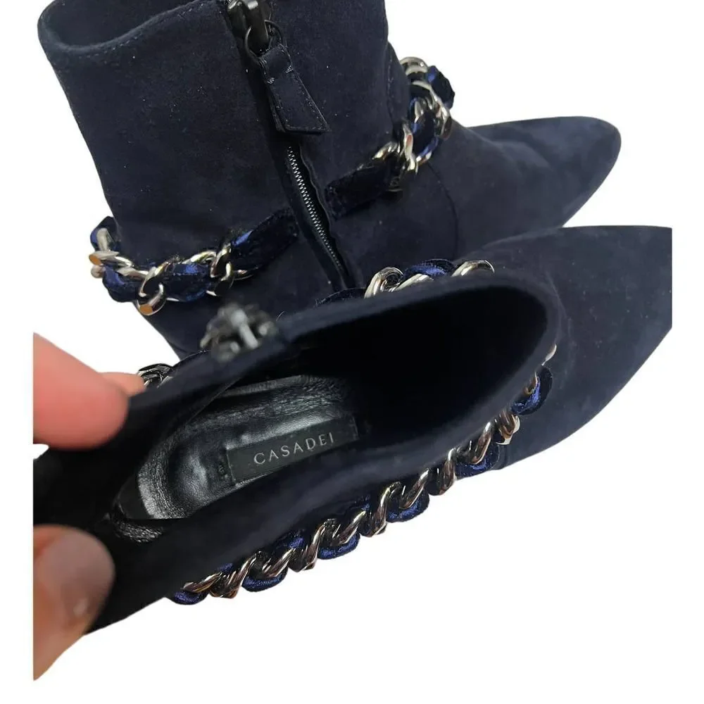 Casadei Dark Navy Suede Ankle Boots with Chain Sz. 36.5 (US 6.5)
